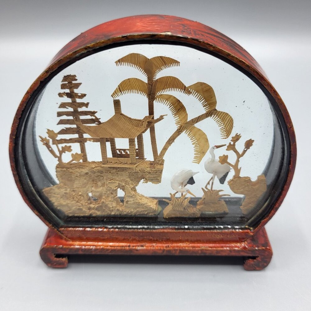Vtg Chinese Hand Carved Cork Diorama Cranes Black Lacquer Art Stand 4" x 3.75" - Picture 11 of 16